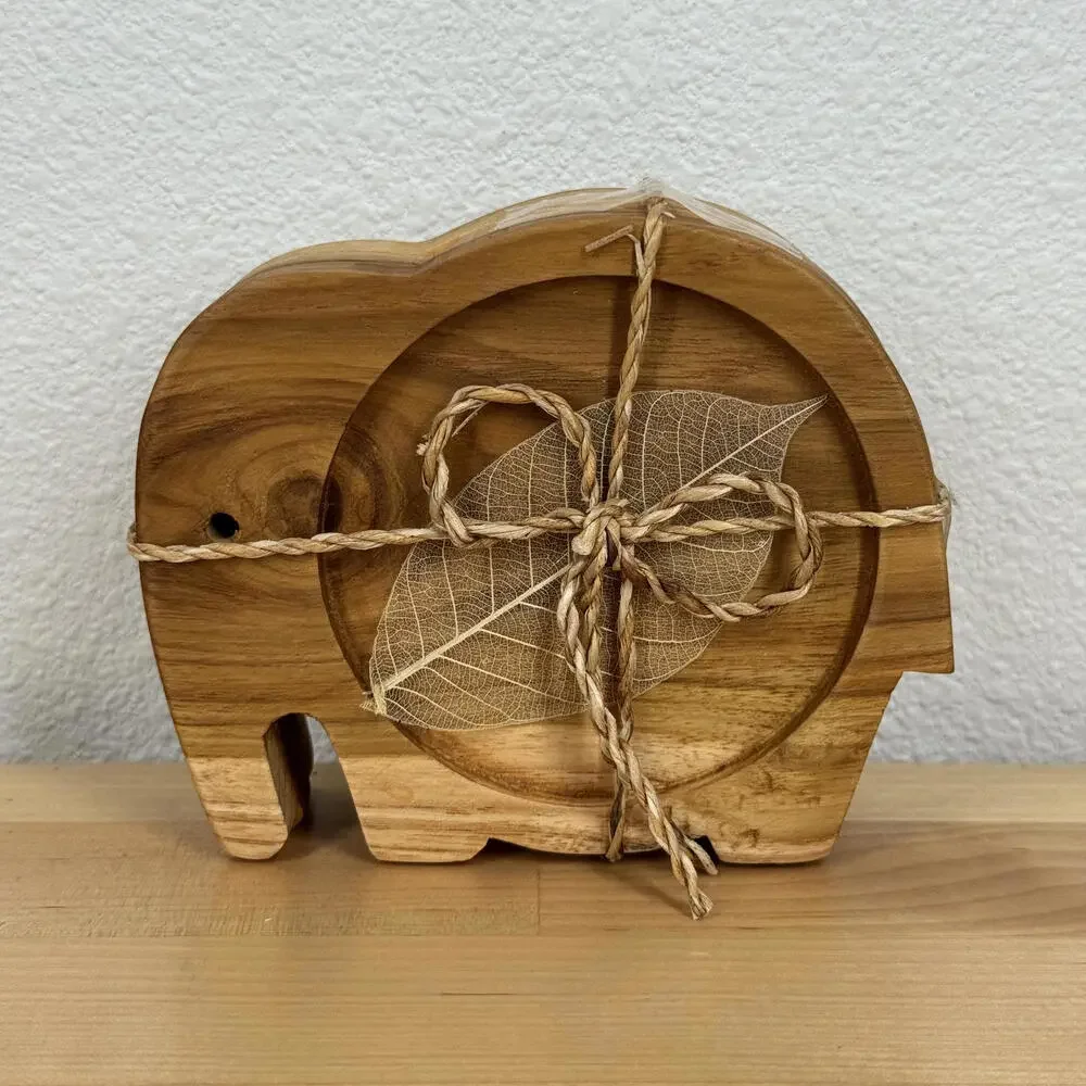 Wooden Elephant-Shaped Coaster Set of 3 Leave‎ Inlay Teak Wood NIB
